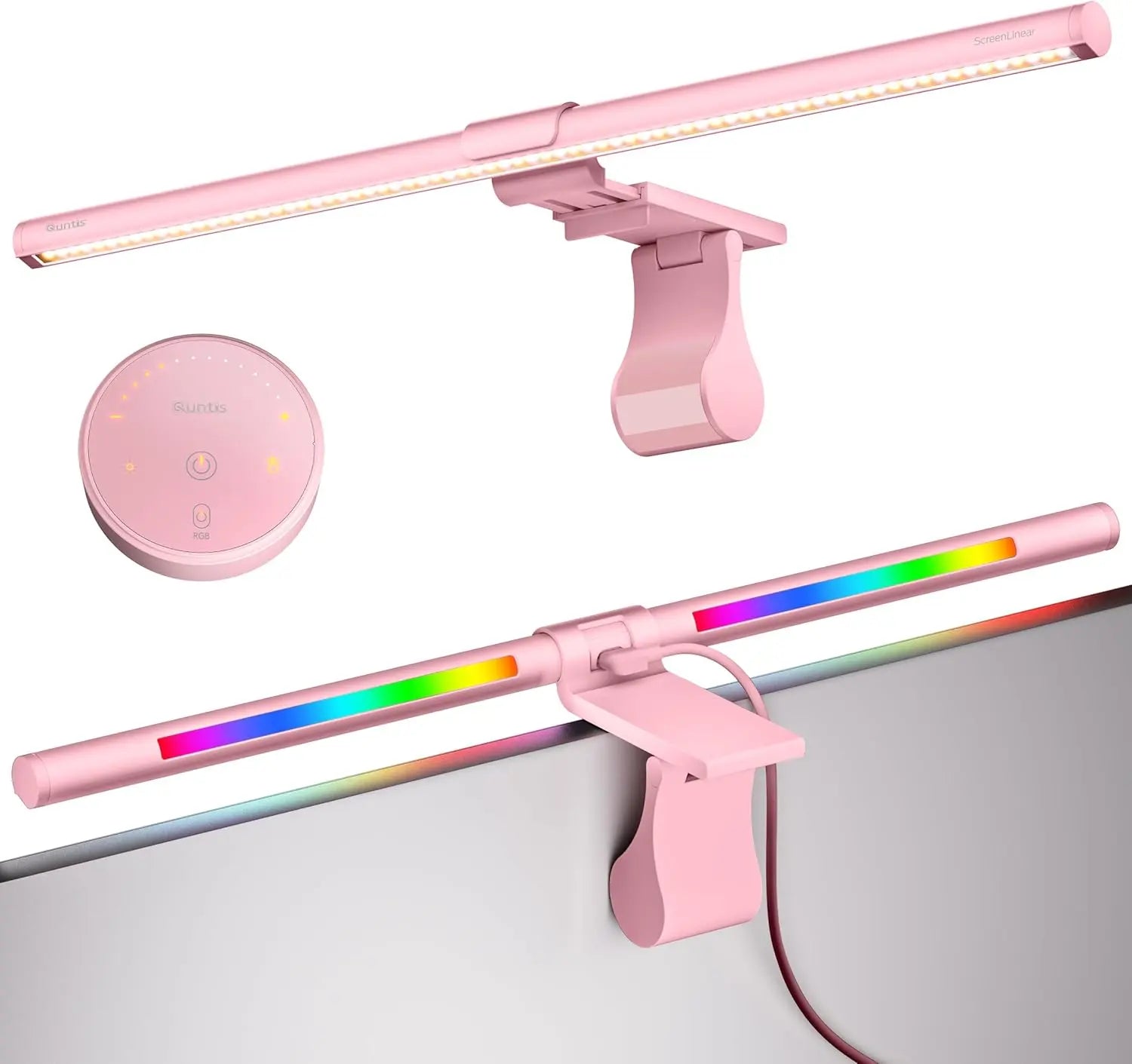 Quntis Pink LED Monitor Light Bar 20 Inch RGB Backlight Eye-Care Ra95 Lighting Wireless Remote No Glare Upgraded Clip for All Monitors 15 Models Aesthetic Desk Lamp 216 Adjustable Rgb Lighting